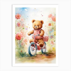 Cycling Teddy Bear Painting Watercolour 4 Art Print