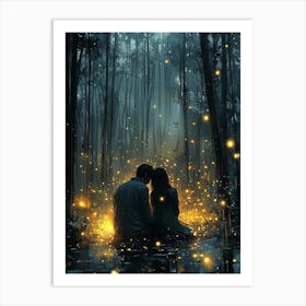 Fireflies In The Forest, Romantic Monochrome Charcoal style Affiche