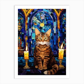 Stained Glass Of Cat With Candles In Medieval Church Art Print