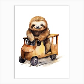 Baby Sloth On A Toy Car, Watercolour Nursery 3 Art Print