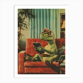 Dinosaur On A Tablet Retro Collage Art Print