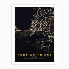 Port Au Prince Haiti Black And Gold Map Art Print