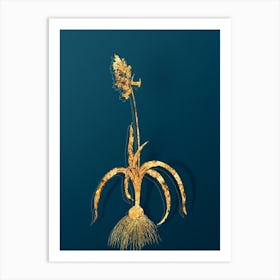 Vintage Common Bluebell Botanical in Gold on Teal Blue n.0016 Art Print