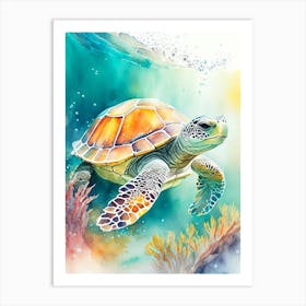 A Single Sea Turtle In Coral Reef, Sea Turtle Storybook Watercolours 3 Art Print