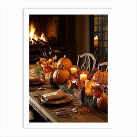 Autumn Table Decoration Cascading Leaves Of Warm Hues Rest Atop Smooth Pumpkins With Textured Exter (5) Art Print