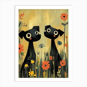 Two Black Dogs In The Meadow 1 Art Print