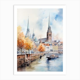 Hamburg Germany In Autumn Fall, Watercolour 3 Art Print