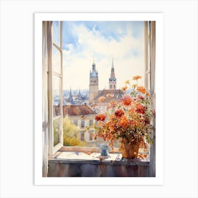 Window View Of Munich Germany In Autumn Fall, Watercolour 1 Art Print