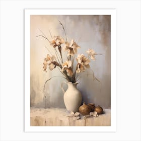 Iris, Autumn Fall Flowers Sitting In A White Vase, Farmhouse Style 1 Art Print