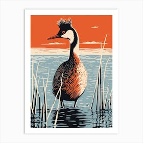 Vintage Bird Linocut Grebe 3 Art Print