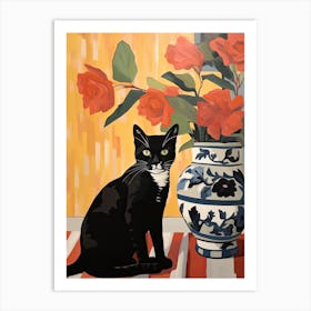 Camellia Flower Vase And A Cat, A Painting In The Style Of Matisse 0 Art Print