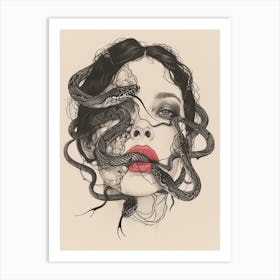 Snakes On A Woman'S Face Art Print