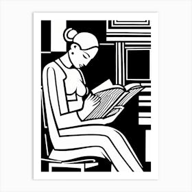 Reading A Book Linocut Black And White Painting, 323 Art Print