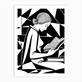 Reading A Book Linocut Black And White Painting, 318 Art Print