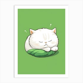 White Cat Sleeping On Green Leaf Art Print