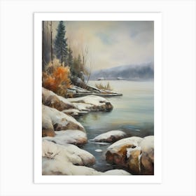 Ancient landscapes, old winter oil paintings and rocks around the lake bank. Snow is falling on the lake, old colors.15 Art Print