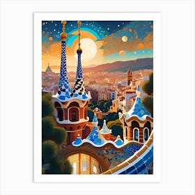 Park Guell Barcelona ~ Spain Travel Adventure Visionary Wall Decor Futuristic Sci-Fi Trippy Surrealism Modern Digital Psychedelic Cubic Fantasy Art Full Moons Stars Mandala Spiritual Fractals Space DMT Vibrant Art Print