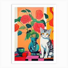 Rose Flower Vase And A Cat, A Painting In The Style Of Matisse 3 Art Print