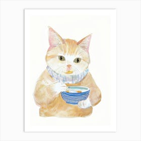 White And Tan Cat Having Breakfast Folk Illustration 2 Art Print