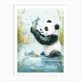 Giant Panda Catching Fish In A Tranquil Lake Storybook Illustration 2 Art Print