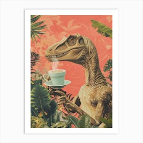 Dinosaur Drinking Coffee Retro Collage 3 Art Print