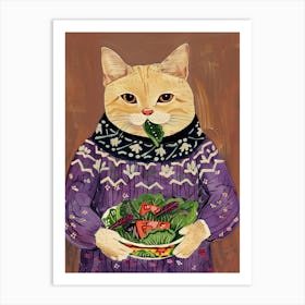 Cute Tan Cat Eating A Salad Folk Illustration 1 Art Print