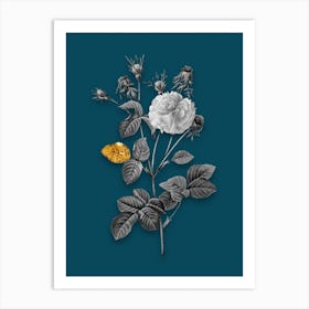 Vintage Pink Agatha Rose Black and White Gold Leaf Floral Art on Teal Blue n.0392 Art Print