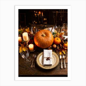 Autumnal Thanksgiving Table Setting Centering An Organic Pumpkin Surrounded By A Bounty Of Golden Art Print