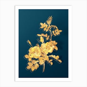 Vintage Yellow Sweetbriar Roses Botanical in Gold on Teal Blue n.0026 Art Print