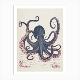 Octopus Red & Blue Silk Screen Inspired 3 Art Print
