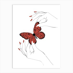 Holding Butterfly White Art Print