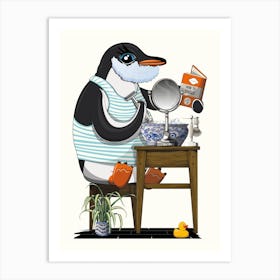 Penguin Shaving in the Bathroom Art Print