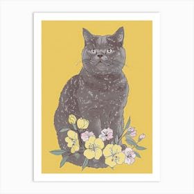 Cute British Shorthair Cat With Flowers Illustration 1 Art Print