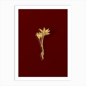 Vintage Autumn Crocus Botanical in Gold on Red n.0276 Art Print