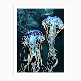 Jellyfish Painting Gold Blue Effect Collage 1 Art Print