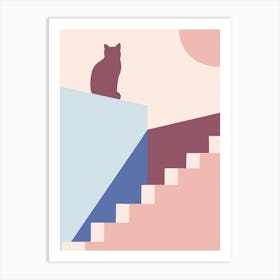 Cat On Stairs — boho travel poster Art Print