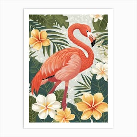 American Flamingo And Plumeria Minimalist Illustration 1 Art Print