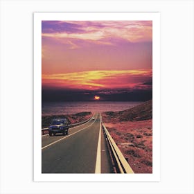 Retro Jeep On The Road At Sunset Art Print