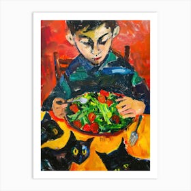 Portrait Of A Boy With Cats Eating A Salad 4 Art Print