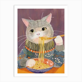Grey Cat Pasta Lover Folk Illustration 3 Art Print