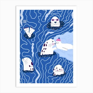 White Seals Diving In The Sea Art Print