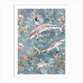 Pastel Blue Common Thresher Watercolour Seascape Pattern 1 Art Print