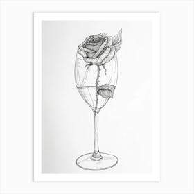 English Rose In A Wine Glass Line Drawing 4 Art Print
