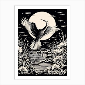 B&W Bird Linocut Egret 2 Art Print