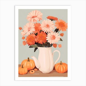 Pitcher With Sunflowers, Atumn Fall Daisies And Pumpkin Latte Cute Illustration 2 Art Print