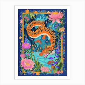 Lunar Year Of The Dragon 2024 Orange Dragon With Floral Frame Art Print