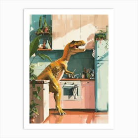 Dinosaur Cooking In The Kitchen Pastel Painting 2 Art Print