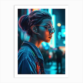 Neon Girl With Headphones 4 Art Print