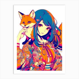 Pretty Anime Girl with Fox 11 Art Print