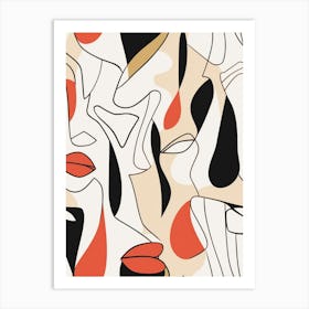 Abstract Face Line Illustration Red & Black Art Print
